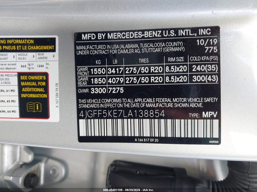 2020 Mercedes-benz Gls-klasse VIN 4JGFF5KE7LA138854 IAAI salvage auction — NORMAL WEAR, Salvage (California), sold $15,700 on 2026-07-20 (photo 9)