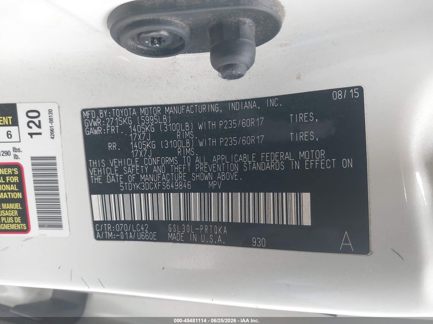2015 Toyota Sienna VIN 5TDYK3DCXFS649846 IAAI salvage auction — RIGHT FRONT, Salvage (California), sold $5,850 on 2026-07-15 (photo 9)