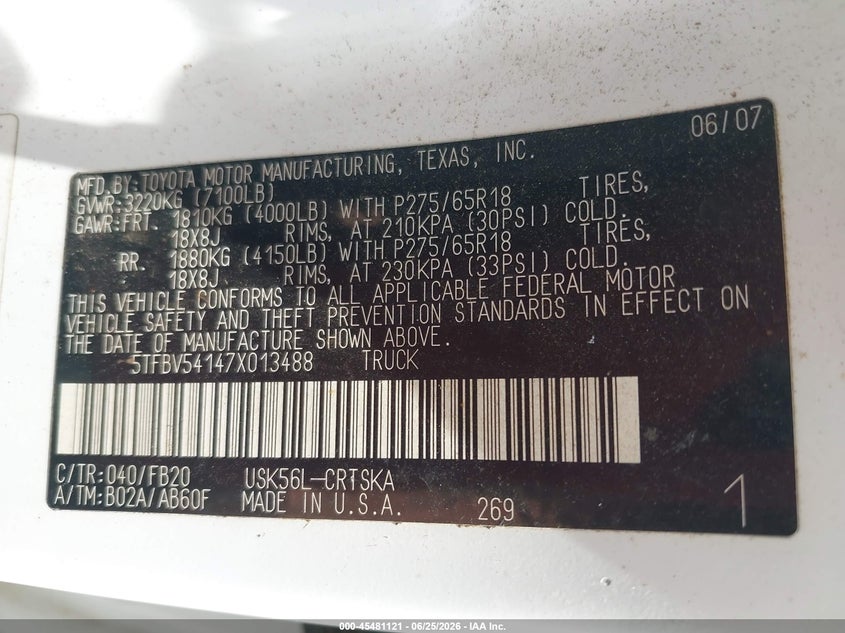 2007 Toyota Tundra VIN 5TFBV54147X013488 IAAI salvage auction — FRONT END, Salvage (Alabama), sold $4,200 on 2026-07-14 (photo 9)