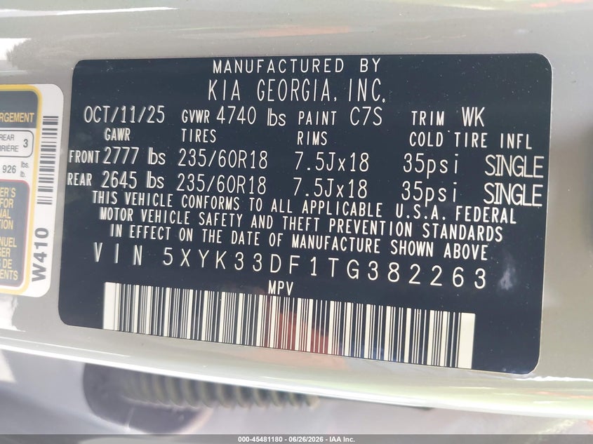 2026 Kia Sportage VIN 5XYK33DF1TG382263 IAAI salvage auction — FRONT END, Salvage Title, sold $11,900 on 2026-08-22 (photo 9)
