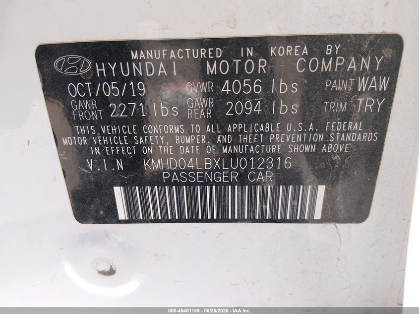 2020 Hyundai Elantra VIN KMHD04LBXLU012316 IAAI salvage auction — FRONT & REAR, Salvage (Texas), sold $1,100 on 2026-08-01 (photo 9)
