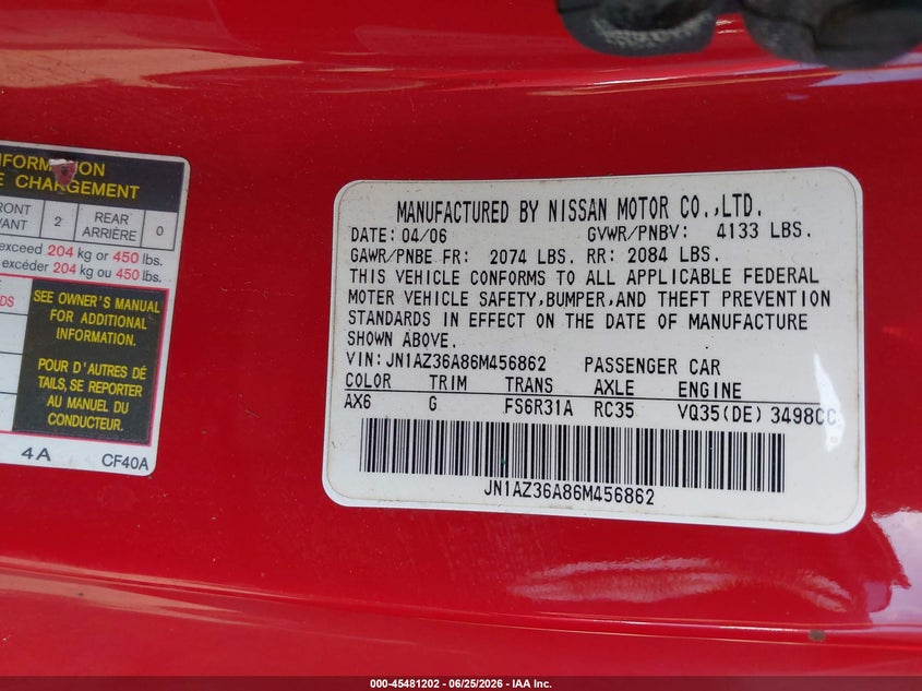 2006 Nissan 350z VIN JN1AZ36A86M456862 IAAI salvage auction — FRONT END, Salvage - Greater Than 75% (Maryland), sold $2,000 on 2026-07-28 (photo 9)