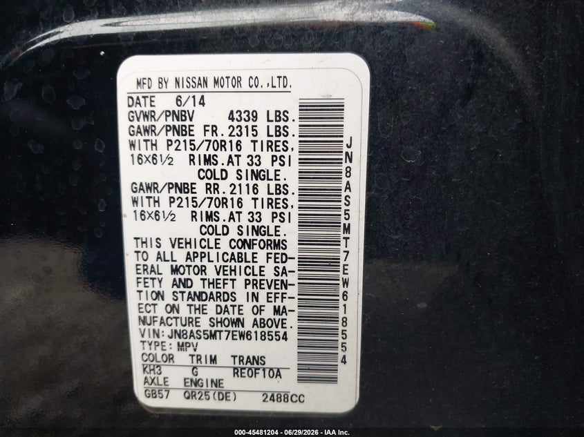 2014 Nissan Rogue VIN JN8AS5MT7EW618554 IAAI salvage auction — FRONT END, Bill Of Sale (Washington), sold $350 on 2026-07-22 (photo 9)