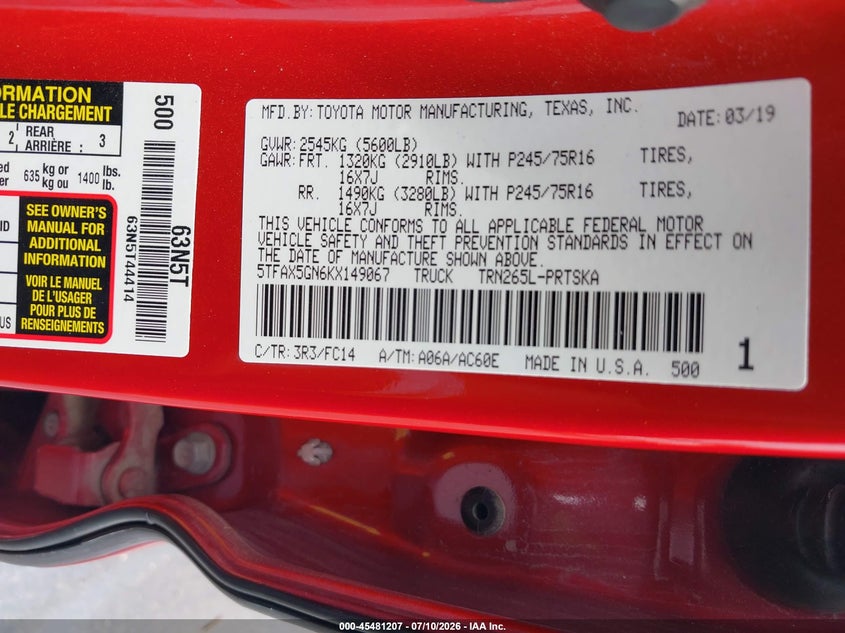 2019 Toyota Tacoma VIN 5TFAX5GN6KX149067 IAAI salvage auction — FRONT END, Salvage (Tennessee), sold $100 on 2026-07-21 (photo 9)