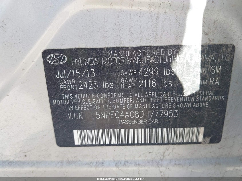 2013 Hyundai Sonata VIN 5NPEC4AC8DH777953 IAAI salvage auction — FRONT END, Clear (Minnesota), sold $875 on 2026-07-20 (photo 9)