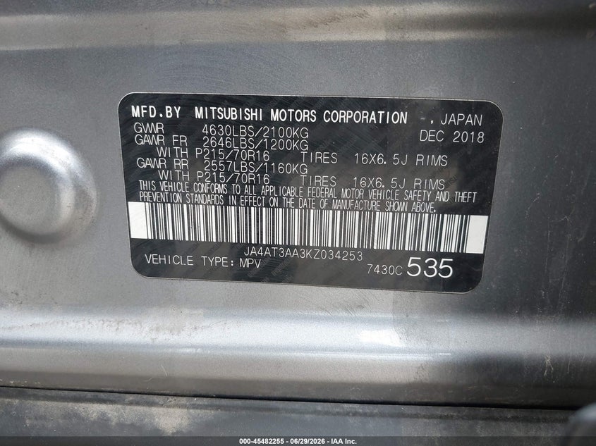 2019 Mitsubishi Eclipse cross VIN JA4AT3AA3KZ034253 IAAI salvage auction — NORMAL WEAR, Clear (Washington), sold $2,150 on 2026-07-15 (photo 9)