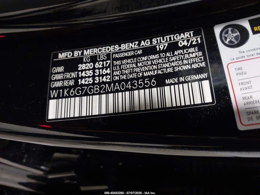2021 Mercedes-benz S-klasse VIN W1K6G7GB2MA043556 IAAI salvage auction — SIDE, Mv-907A (New York), sold $23,600 on 2026-07-30 (photo 9)
