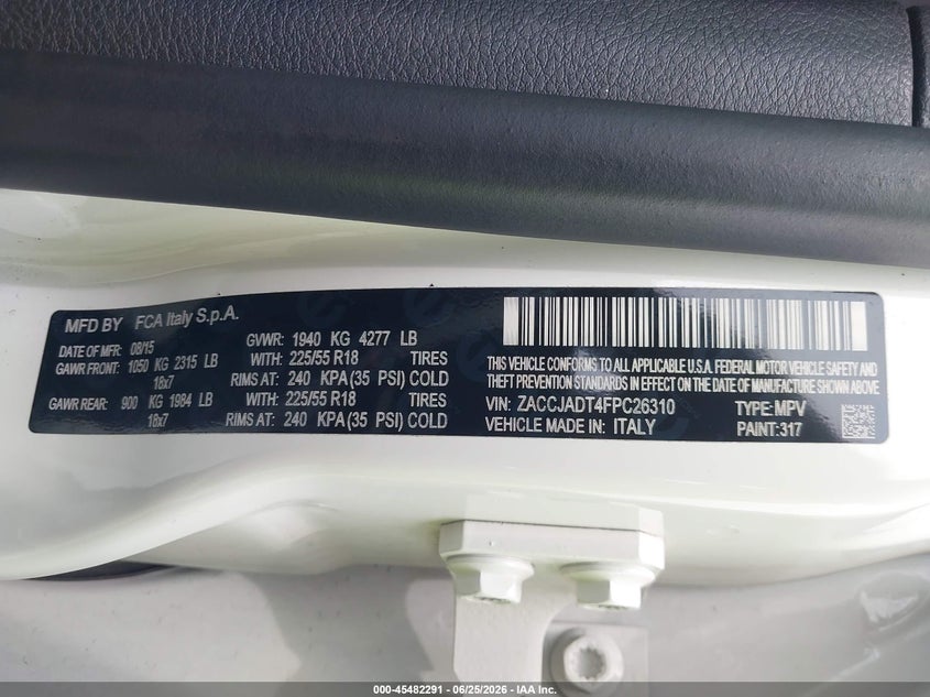 2015 Jeep Renegade VIN ZACCJADT4FPC26310 IAAI salvage auction — RIGHT FRONT, Clear (Indiana), sold $2,500 on 2026-08-19 (photo 9)