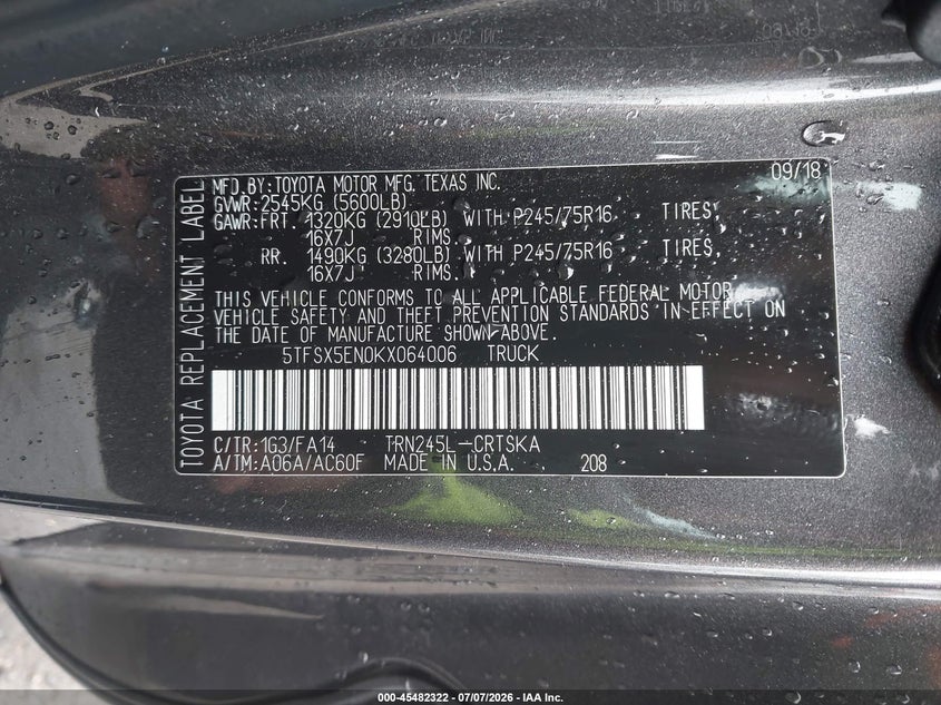 2019 Toyota Tacoma VIN 5TFSX5EN0KX064006 IAAI salvage auction — FRONT END, Salvage (Rhode Island), sold $8,300 on 2026-07-28 (photo 9)