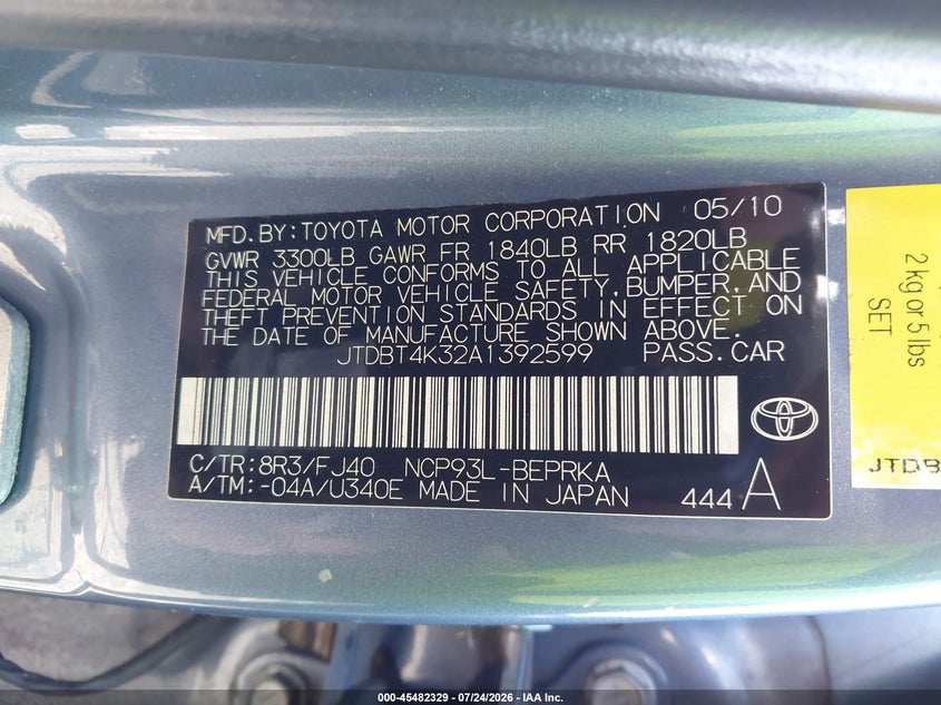 2010 Toyota Yaris VIN JTDBT4K32A1392599 IAAI salvage auction — FRONT END, Rebuildable (Florida), sold $750 on 2026-07-28 (photo 8)