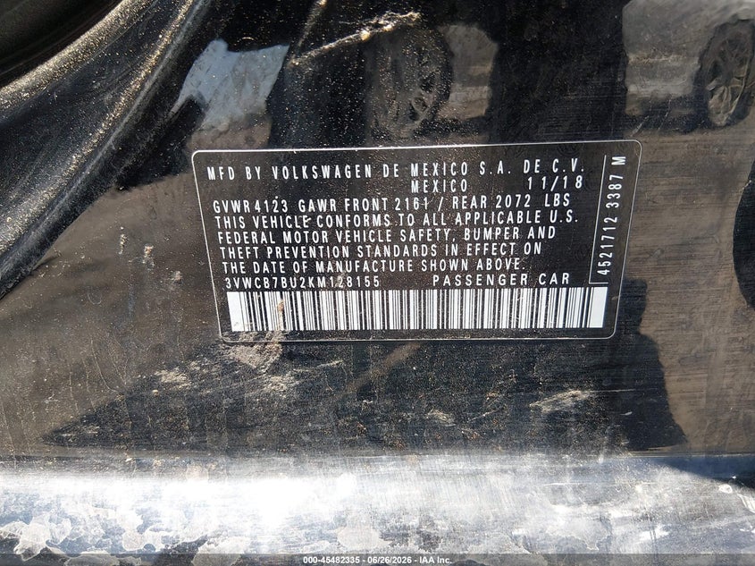 2019 Volkswagen Jetta VIN 3VWCB7BU2KM128155 IAAI salvage auction — FRONT END, Salvage Title, sold $1,550 on 2026-10-06 (photo 9)