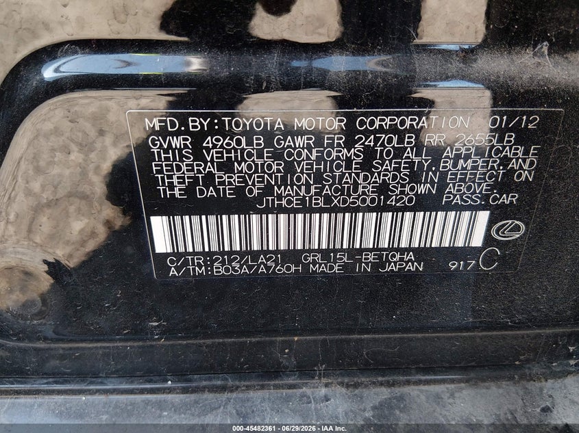 2013 Lexus Gs VIN JTHCE1BLXD5001420 IAAI salvage auction — NORMAL WEAR, Clear (Florida), sold $525 on 2026-07-14 (photo 9)