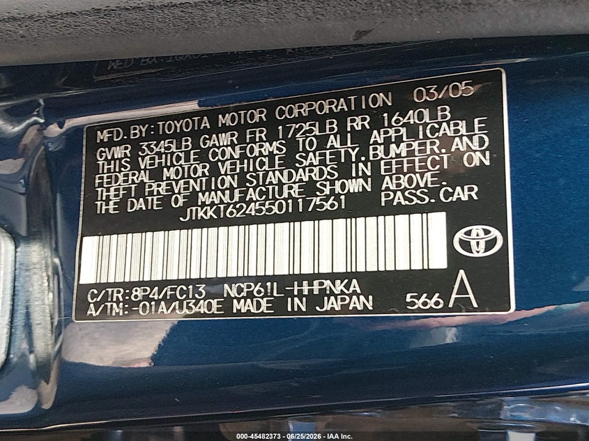 2005 Scion Xa VIN JTKKT624550117561 IAAI salvage auction — FRONT END, Bill Of Sale (Washington), sold $250 on 2026-07-15 (photo 9)