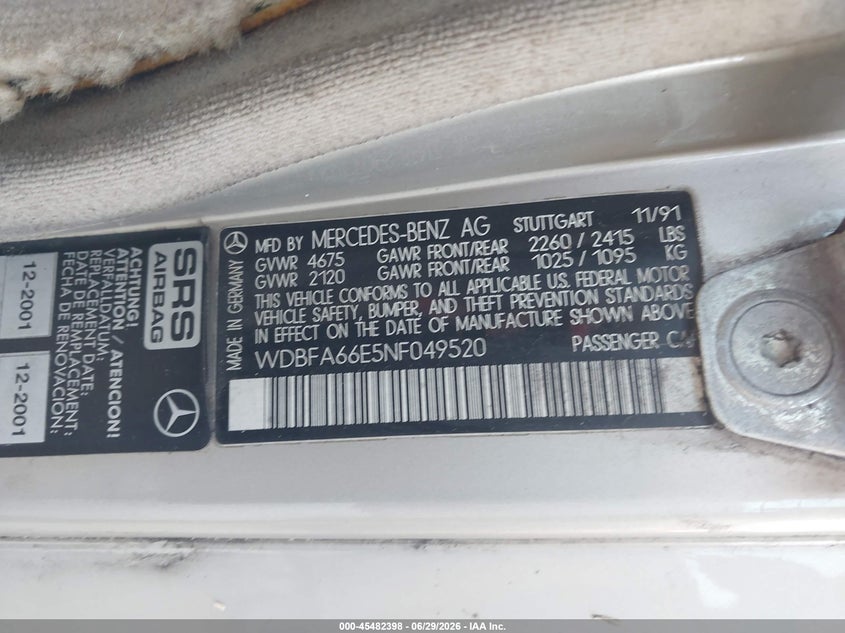 1992 Mercedes-benz 500 VIN WDBFA66E5NF049520 IAAI salvage auction — FRONT & REAR, Clear (Florida), sold $25 on 2026-07-07 (photo 9)