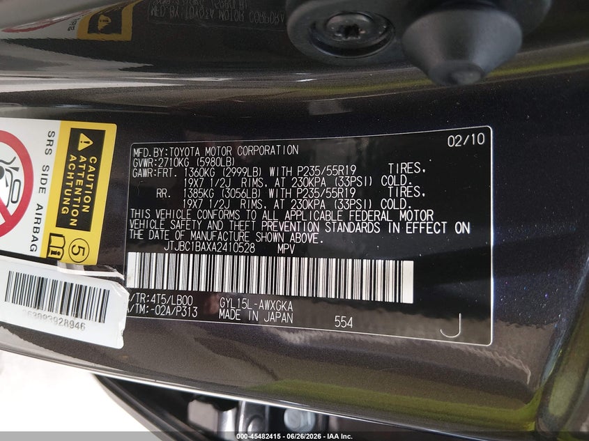 2010 Lexus Rx 450h VIN JTJBC1BAXA2410528 IAAI salvage auction — NORMAL WEAR, Original (Texas), sold $4,350 on 2026-07-20 (photo 9)