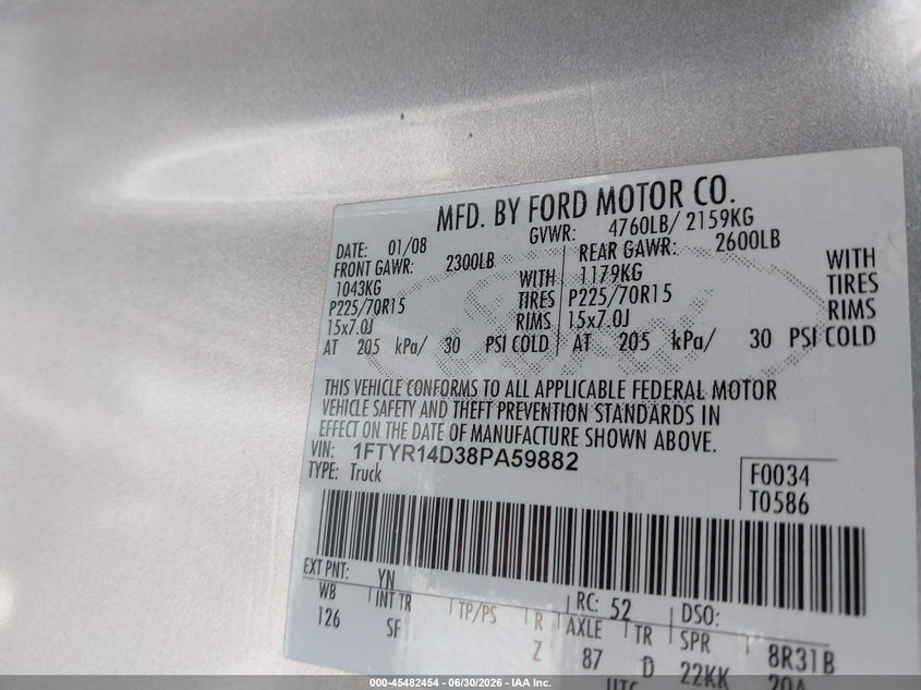 2008 Ford Ranger VIN 1FTYR14D38PA59882 IAAI salvage auction — FRONT END, Salvage (Texas), sold $2,000 on 2026-07-09 (photo 9)