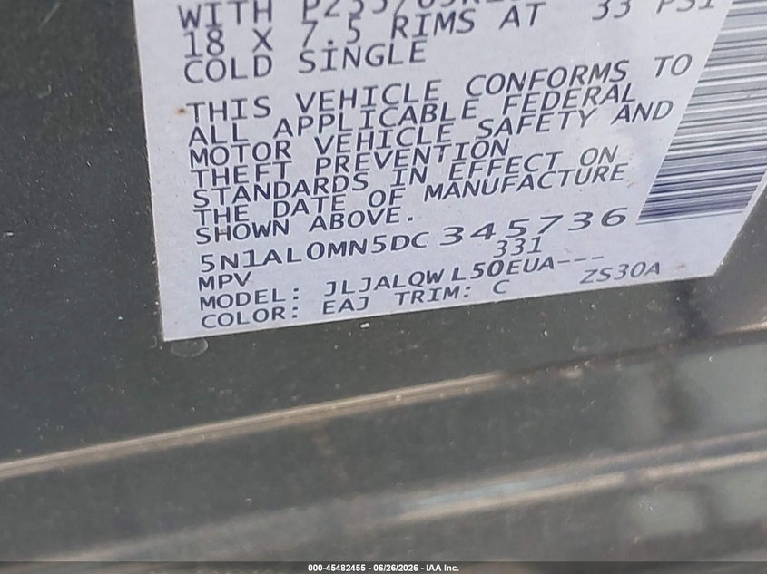 2013 Infiniti Jx VIN 5N1AL0MN5DC345736 IAAI salvage auction — REAR END, Salvage (Texas), sold $550 on 2026-07-10 (photo 9)