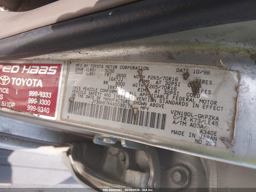 1999 Toyota 4runner VIN JT3GN87R4X0099178 IAAI salvage auction — FRONT END, Original (Texas), sold $1,000 on 2026-07-24 (photo 9)