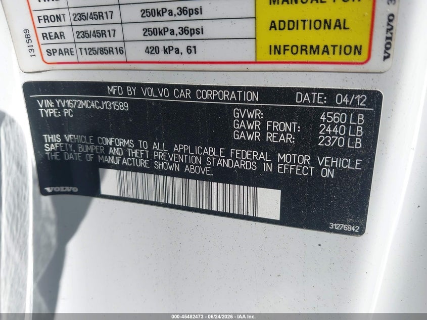 2012 Volvo C70 VIN YV1672MC4CJ131589 IAAI salvage auction — NORMAL WEAR, Clear-Dealer Only (Texas), sold $875 on 2026-07-09 (photo 9)