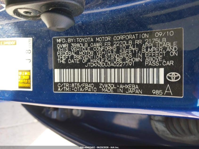 2010 Toyota Prius VIN JTDKN3DU3A0227791 IAAI salvage auction — NORMAL WEAR, Clear - Dealer Only (California), sold $1,000 on 2026-07-29 (photo 9)