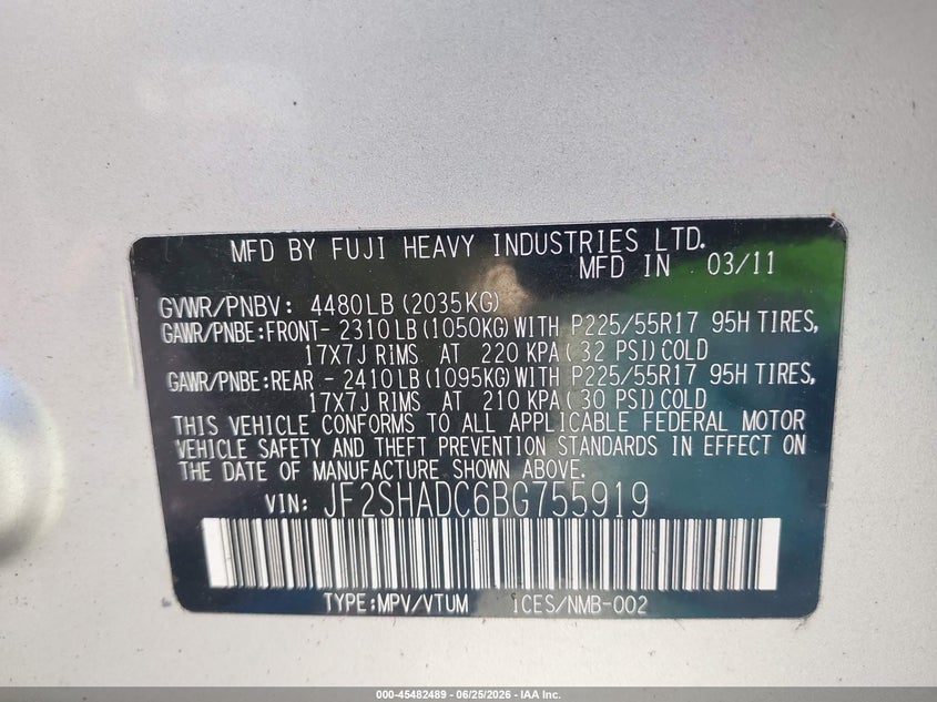 2011 Subaru Forester VIN JF2SHADC6BG755919 IAAI salvage auction — NORMAL WEAR, Clear (New York), sold $300 on 2026-07-15 (photo 9)