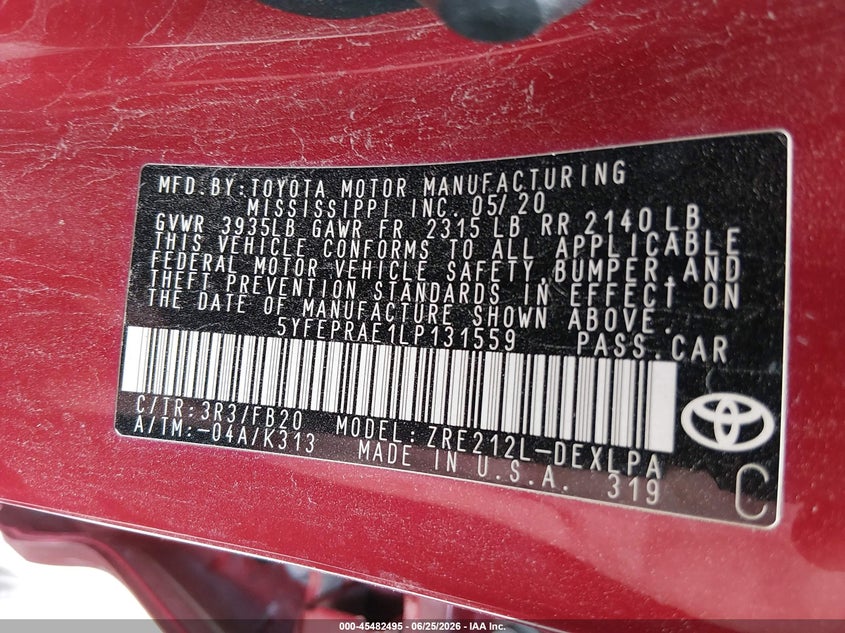2020 Toyota Corolla VIN 5YFEPRAE1LP131559 IAAI salvage auction — SIDE, Salvage (Ohio), sold $3,150 on 2026-07-21 (photo 9)