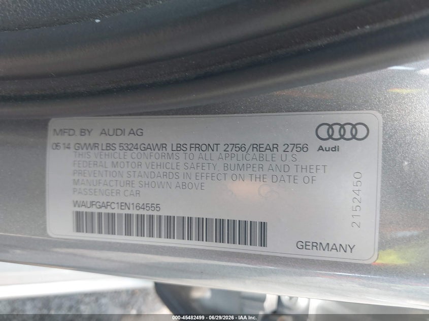 2014 Audi A6 VIN WAUFGAFC1EN164555 IAAI salvage auction — RIGHT FRONT, Salvage Title, sold $1,700 on 2026-07-29 (photo 9)