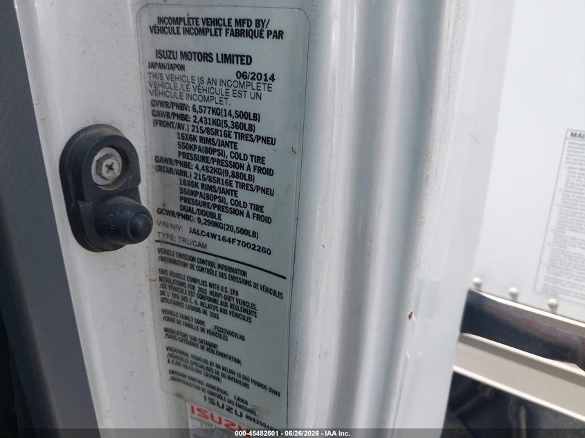 2015 Isuzu Npr VIN JALC4W164F7002260 IAAI salvage auction — FRONT END, Salvage (Texas), sold $4,000 on 2026-07-15 (photo 8)