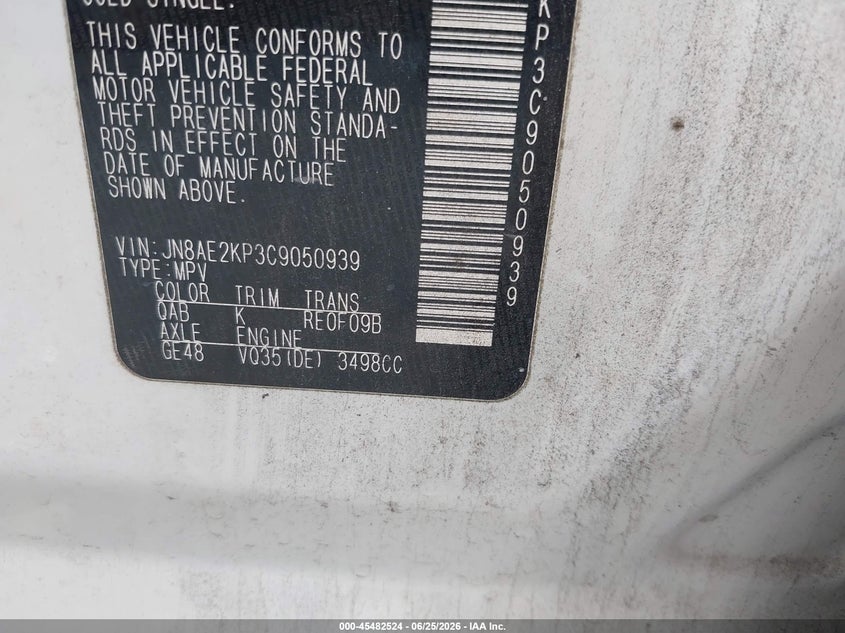 2012 Nissan Quest VIN JN8AE2KP3C9050939 IAAI salvage auction — NORMAL WEAR, Clear (Virginia), sold $25 on 2026-07-13 (photo 9)