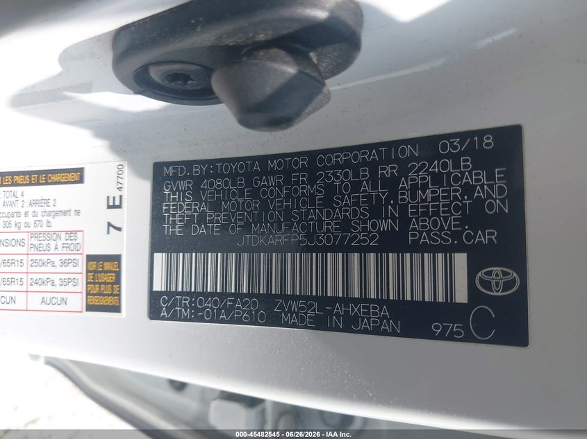 2018 Toyota Prius VIN JTDKARFP5J3077252 IAAI salvage auction — NORMAL WEAR, Clear (California), sold $7,100 on 2026-07-07 (photo 9)