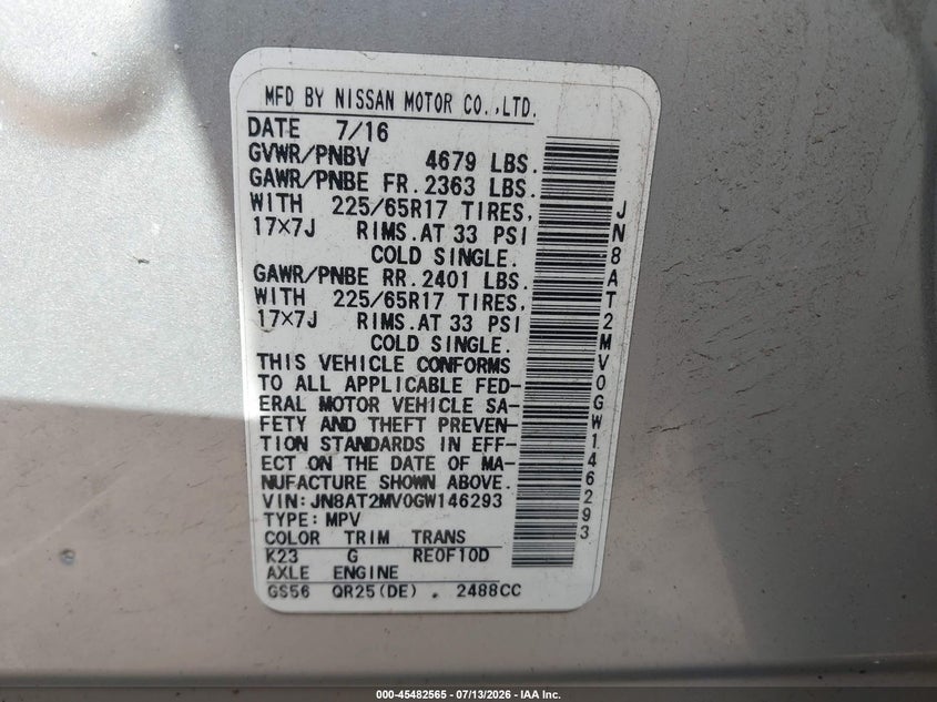 2016 Nissan Rogue VIN JN8AT2MV0GW146293 IAAI salvage auction — FRONT END, Salvage Title, sold $800 on 2026-07-31 (photo 9)
