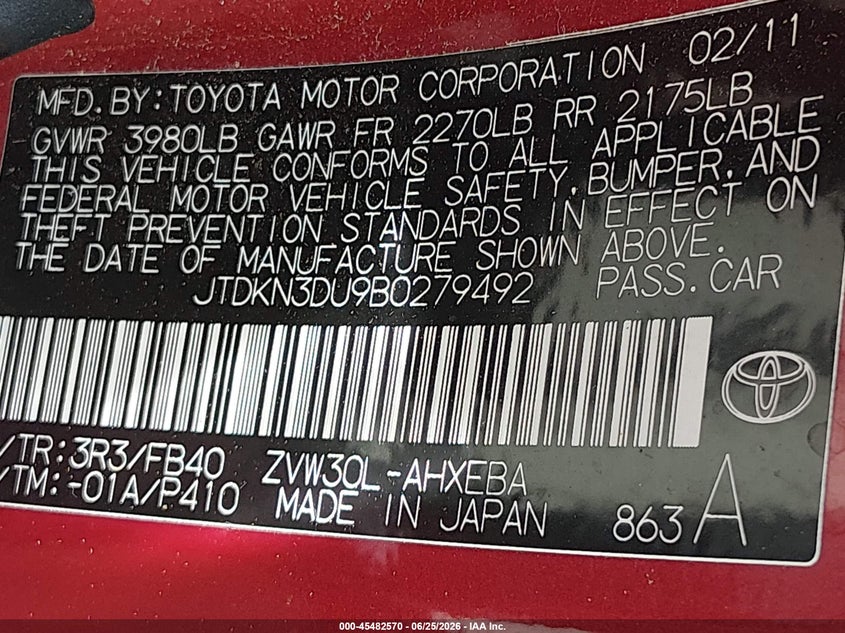2011 Toyota Prius VIN JTDKN3DU9B0279492 IAAI salvage auction — REAR END, Salvage (Texas), sold $275 on 2026-07-28 (photo 9)