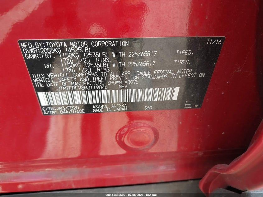 2017 Toyota Rav 4 VIN JTMZFREV8HJ119046 IAAI salvage auction — UNDERCARRIAGE, Salvage (Virginia), sold $6,300 on 2026-07-24 (photo 9)