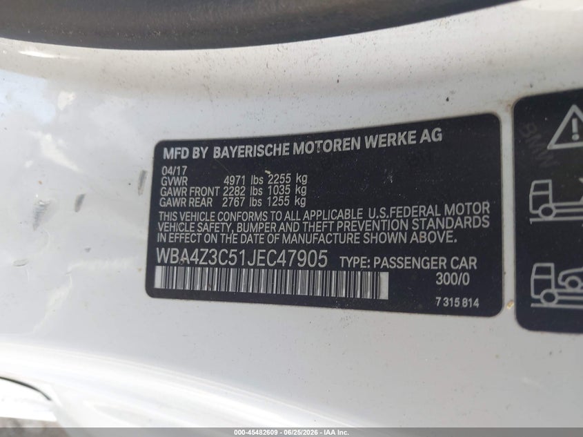 2018 BMW 4er VIN WBA4Z3C51JEC47905 IAAI salvage auction — FRONT END, Salvage Title, sold $4,175 on 2026-08-10 (photo 9)