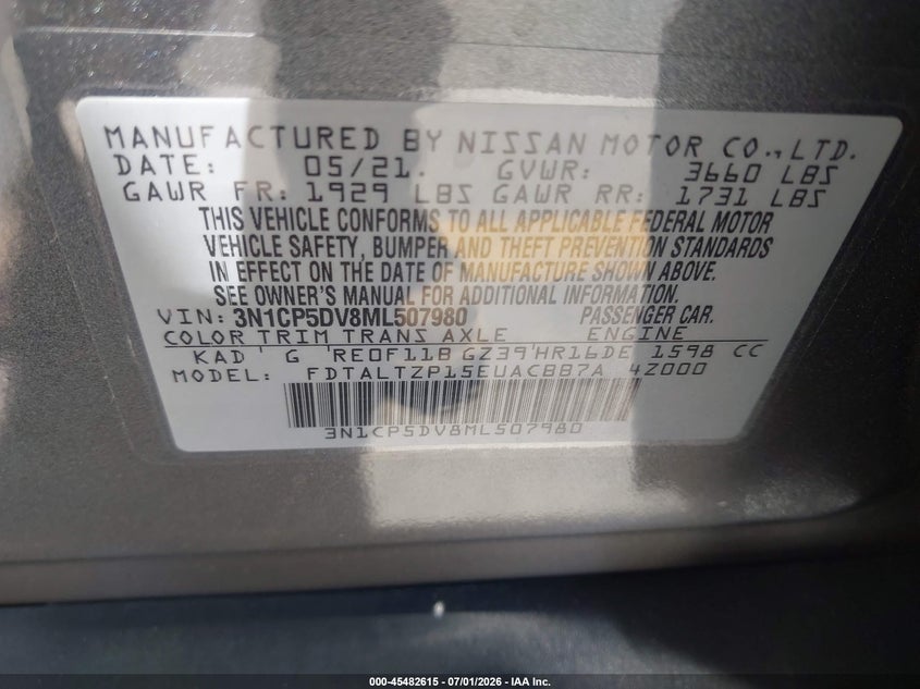 2021 Nissan Kicks VIN 3N1CP5DV8ML507980 IAAI salvage auction — REAR END, Salvage (California), sold $3,600 on 2026-07-09 (photo 9)