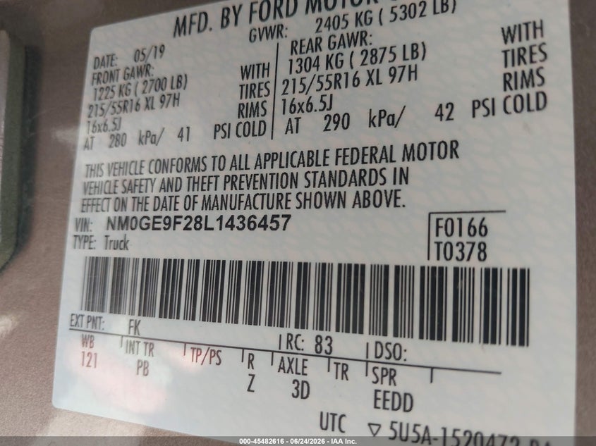 2020 Ford Transit connect VIN NM0GE9F28L1436457 IAAI salvage auction — SIDE, Sf97 (Utah), sold $11,075 on 2026-09-02 (photo 9)