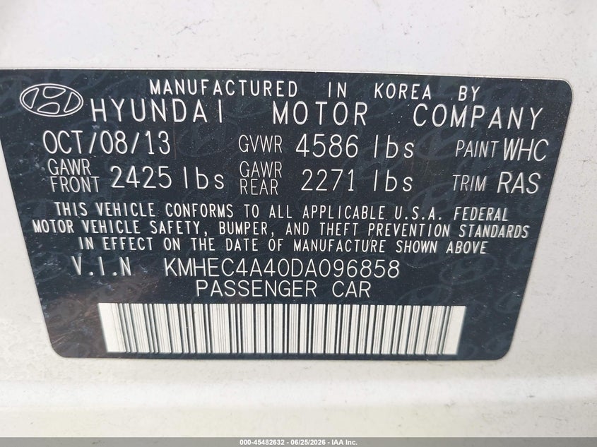 2013 Hyundai Sonata VIN KMHEC4A40DA096858 IAAI salvage auction — REAR END, Rebuildable (Florida), sold $675 on 2026-07-16 (photo 9)