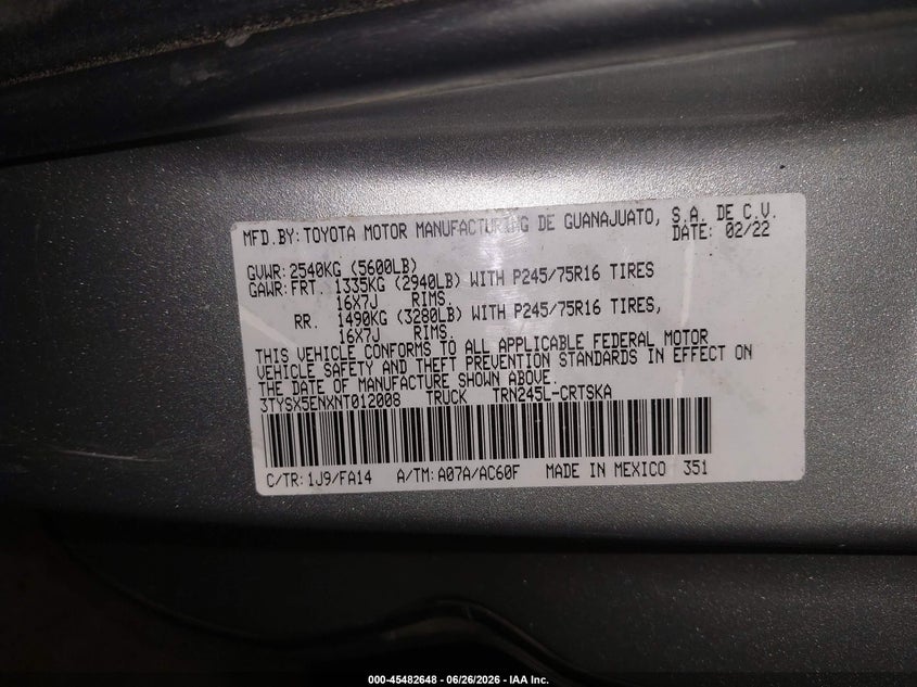 2022 Toyota Tacoma VIN 3TYSX5ENXNT012008 IAAI salvage auction — SIDE, Salvage (Pennsylvania), sold $7,000 on 2026-07-31 (photo 9)