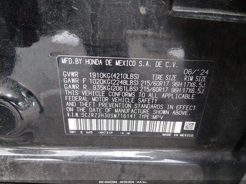 2025 Honda HR-V VIN 3CZRZ2H30SM716141 IAAI salvage auction — Front End, Salvage, sold $5,425 on 2026-10-12 (photo 9)