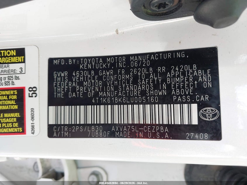 2020 Toyota Camry VIN 4T1K61BK6LU005160 IAAI salvage auction — SIDE, Salvage (Nebraska), sold $9,000 on 2026-07-30 (photo 9)