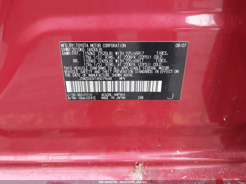 2008 Toyota Rav4 VIN JTMZD33V185079648 IAAI salvage auction — NORMAL WEAR, Clear (Michigan), sold $600 on 2026-07-27 (photo 9)