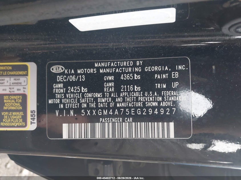 2014 Kia Optima VIN 5XXGM4A75EG294927 IAAI salvage auction — LEFT FRONT, Clear (Massachusetts), sold $425 on 2026-07-07 (photo 8)