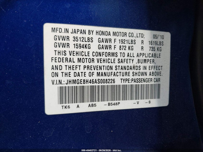 2010 Honda Fit VIN JHMGE8H46AS008226 IAAI salvage auction — REAR END, Salvage (California), sold $800 on 2026-07-15 (photo 9)