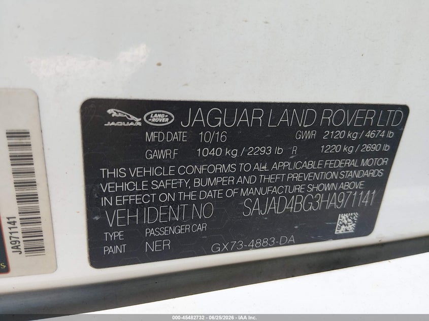2017 Jaguar Xe VIN SAJAD4BG3HA971141 IAAI salvage auction — FRONT END, Repossession Paperwork (Georgia), sold $500 on 2026-07-30 (photo 9)