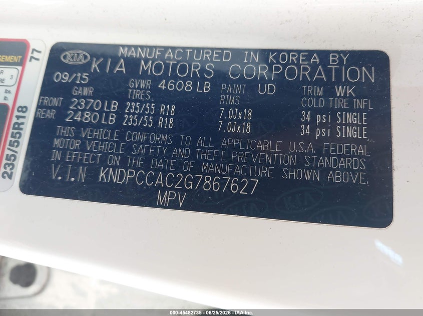 2016 Kia Sportage VIN KNDPCCAC2G7867627 IAAI salvage auction — NORMAL WEAR, Clear (New York), sold $1,875 on 2026-07-07 (photo 9)