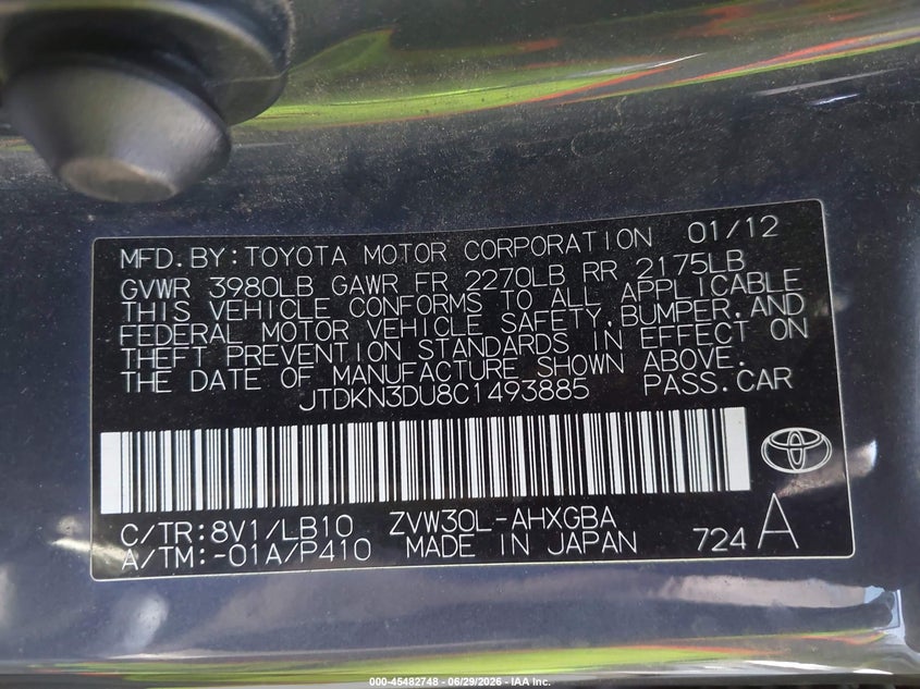 2012 Toyota Prius VIN JTDKN3DU8C1493885 IAAI salvage auction — NORMAL WEAR, Salvage Title, sold $1,250 on 2026-07-23 (photo 9)