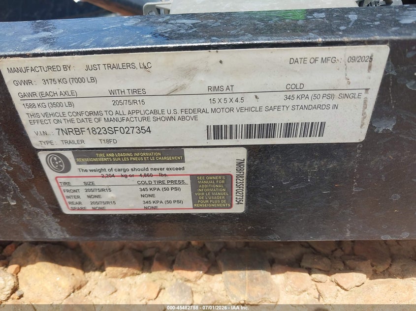 2025 Other Other VIN 7NRBF1823SF027354 IAAI salvage auction — ALL OVER, Bill Of Sale (Georgia), sold $725 on 2026-07-16 (photo 9)