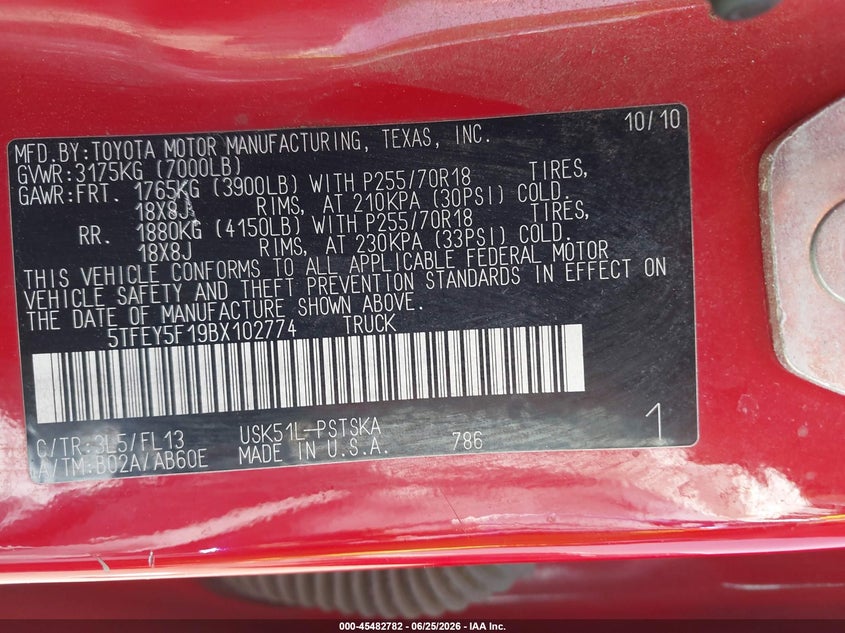 2011 Toyota Tundra VIN 5TFEY5F19BX102774 IAAI salvage auction — NORMAL WEAR, Clear - Dealer Only (California), sold $2,900 on 2026-07-28 (photo 9)