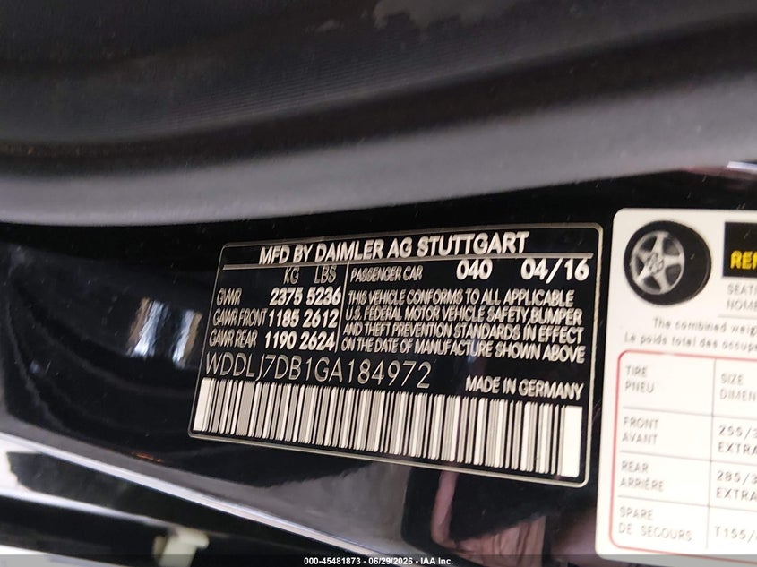 2016 Mercedes-benz Cls-klasse VIN WDDLJ7DB1GA184972 IAAI salvage auction — SIDE, Salvage Title, sold $6,500 on 2026-07-19 (photo 9)
