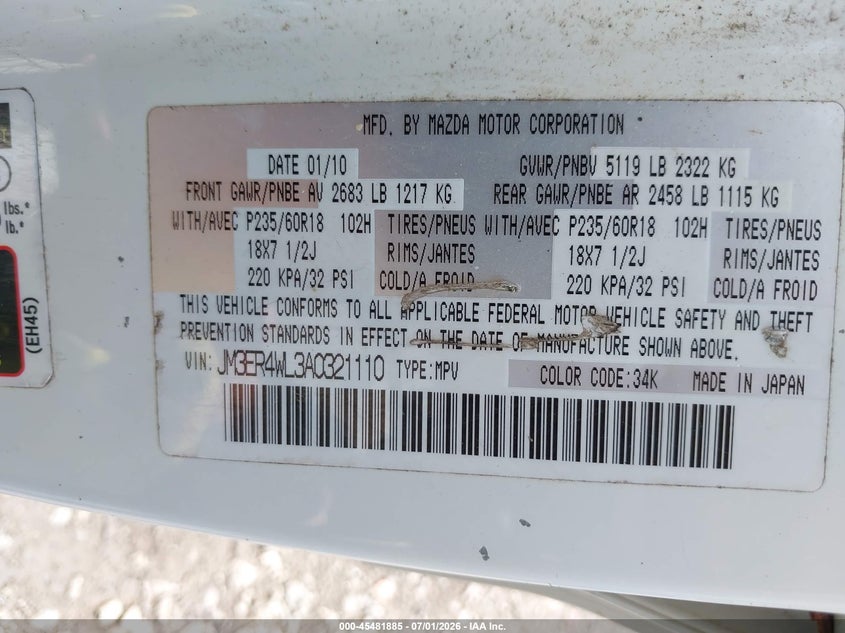2010 Mazda Cx-7 VIN JM3ER4WL3A0321110 IAAI salvage auction — NORMAL WEAR, Clear (New York), sold $1,800 on 2026-07-07 (photo 9)